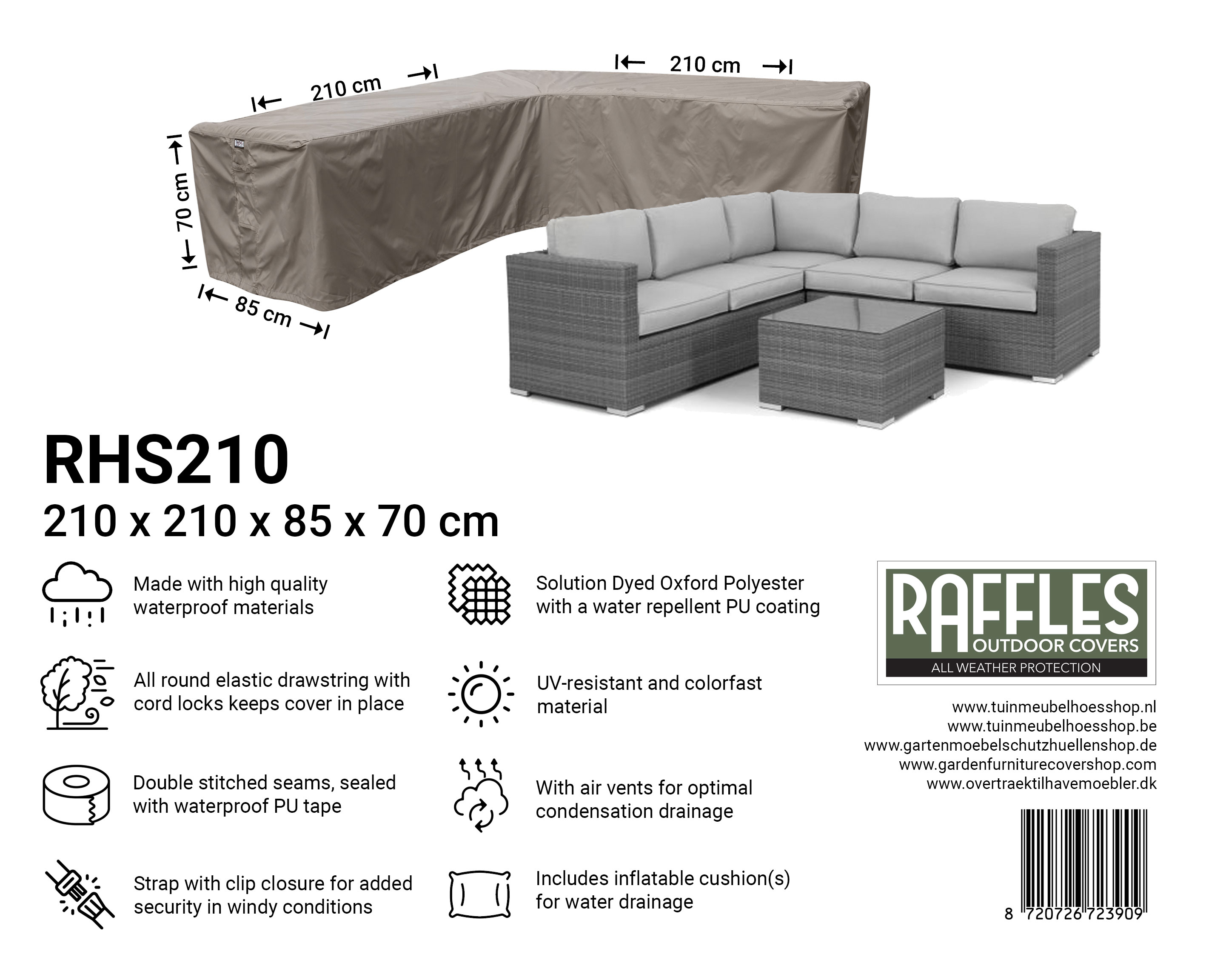 Hoekbank hoes 210 x 210 x 85 H: 70 cm